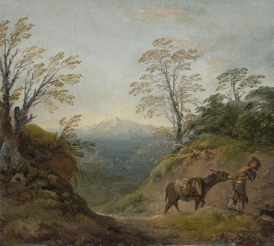 Paesaggio boscoso con un ragazzo che guida un asino e un cane, e un ampio panorama con edifici e colline lontane, primi anni 1760 da Thomas Gainsborough