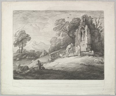 Paesaggio boscoso con un contadino che legge una lapide, amanti rustici e un rudere da Thomas Gainsborough