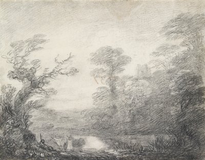 Paesaggio boscoso con mandriano, mucche e torre della chiesa da Thomas Gainsborough