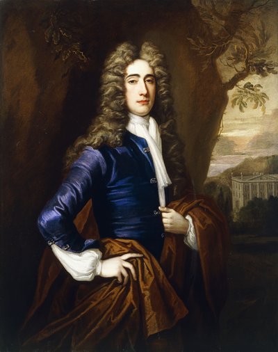 Ritratto di un gentiluomo, 37 anni, tre quarti di lunghezza, in un cappotto blu e un mantello marrone, con una casa nello stile di Smith di Warwick sullo sfondo, 1710 da Thomas Gibson