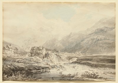 Paesaggio montuoso con mulino a ruota idraulica superiore e ponte da Thomas Girtin