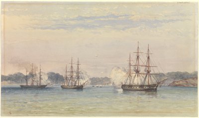 La Guerra della Cina 1857, tre navi di SM bombardano e le barche della nave a terra da Thomas Goldsworth Dutton
