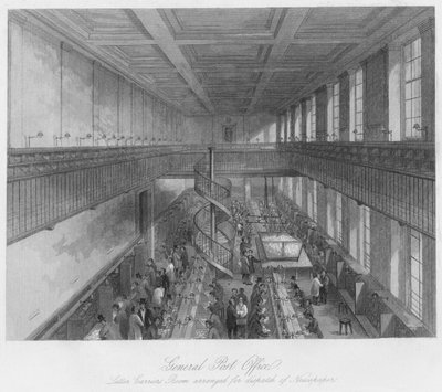 Ufficio Postale Generale. Sala dei Portalettere organizzata per la spedizione dei Giornali, c1841 da Thomas H. Ellis