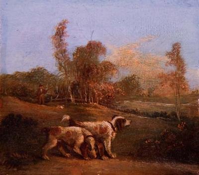 Spaniel in un paesaggio con guardiacaccia da Thomas Hand