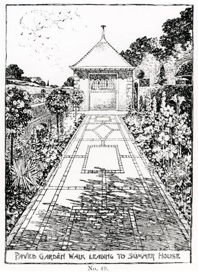 Passeggiata pavimentata del giardino che conduce alla casa estiva, da 