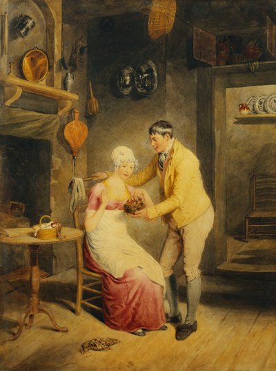 Momenti di ozio: un ragazzo mostra a una ragazza un nido di uccellini in un interno da Thomas Heaphy