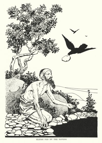 Elia nutrito dai corvi (litografia) da Thomas Heath Robinson