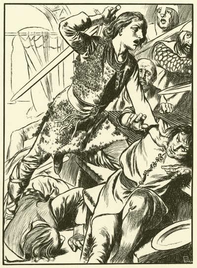 Hereward e i suoi uomini attaccano i Normanni (incisione) da Thomas Heath Robinson