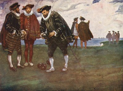 Illustrazione della vita di Sir Francis Drake (litografia a colori) da Thomas Heath Robinson