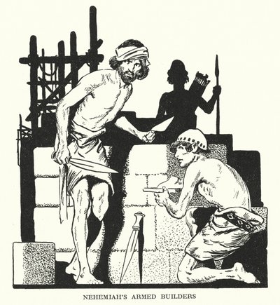 I costruttori armati di Neemia (litografia) da Thomas Heath Robinson