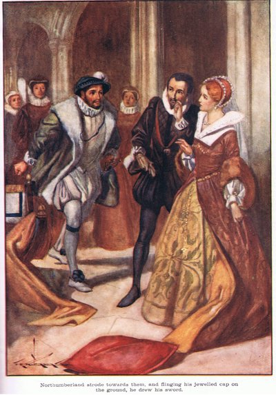 Northumberland si diresse verso di loro e, gettando a terra il suo cappello gioiello, estrasse la spada (litografia a colori). da Thomas Heath Robinson