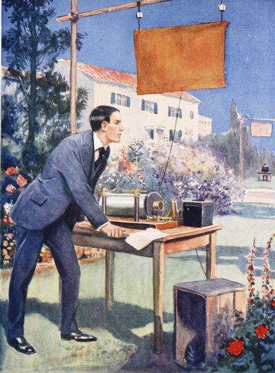 Uno dei primi esperimenti di Marconi (litografia a colori) da Thomas Heath Robinson