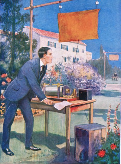 Uno dei primi esperimenti di Marconi, illustrazione da 