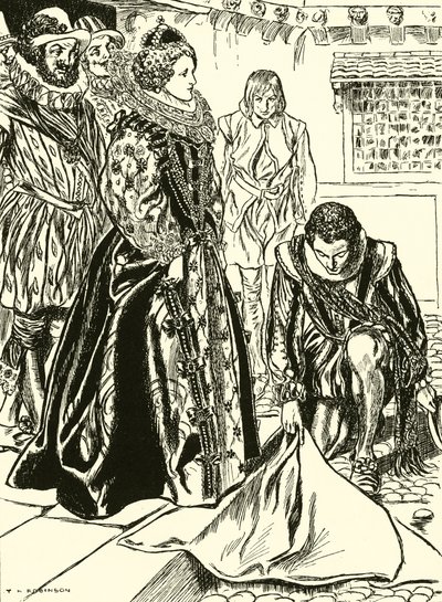 Raleigh stende il suo mantello davanti a Elisabetta (incisione) da Thomas Heath Robinson