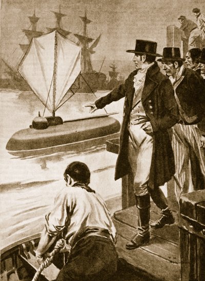 Robert Fulton in Francia mentre mostra il suo sottomarino "Nautilus" in funzione (litografia) da Thomas Heath Robinson