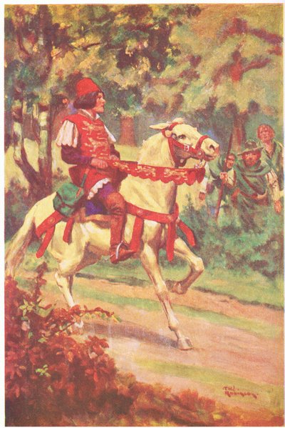Robin e il suo compagno videro il maestro Patrington cavalcare verso di loro (litografia a colori) da Thomas Heath Robinson