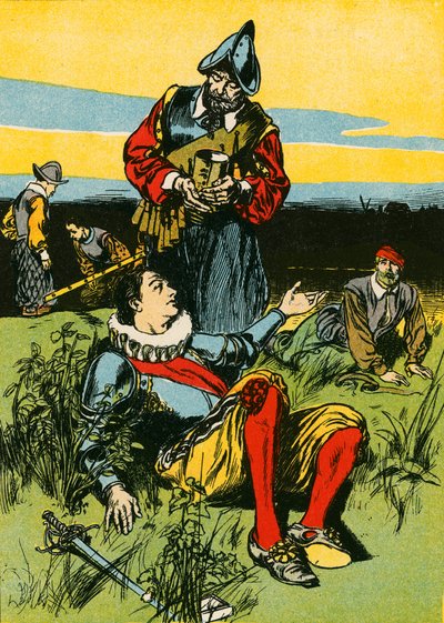 Sir Philip Sidney e il soldato morente (litografia a colori) da Thomas Heath Robinson
