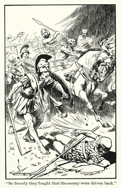 "Combatterono così ferocemente che i nemici furono ricacciati" (litografia) da Thomas Heath Robinson