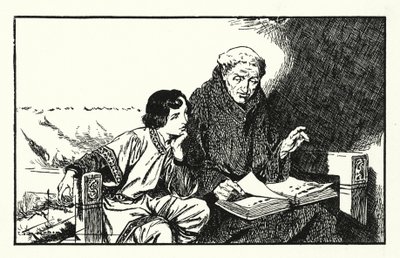 Il futuro re Alfredo viene educato (litografia) da Thomas Heath Robinson
