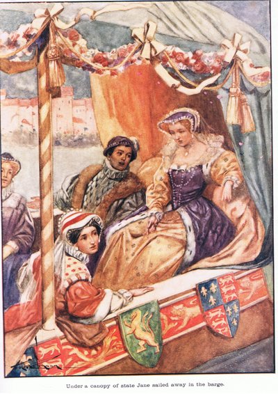 Sotto un baldacchino di Stato, Jane salpa sulla chiatta (litografia a colori) da Thomas Heath Robinson