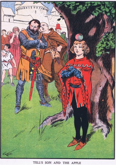 Il figlio di Guglielmo Tell e la mela (litografia a colori) da Thomas Heath Robinson