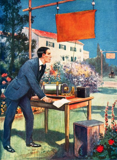 Telegrafia senza fili, uno dei primi esperimenti di Marconi (litografia a colori) da Thomas Heath Robinson