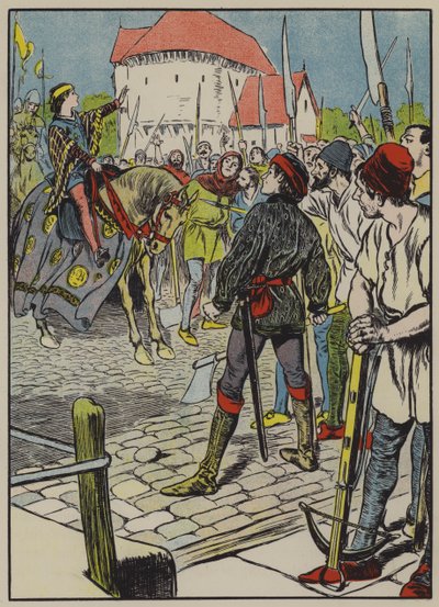 Il giovane re Riccardo seda la ribellione (litografia a colori) da Thomas Heath Robinson