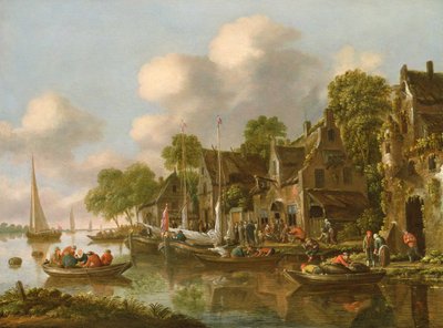 Paesaggio fluviale con barche e figure vicino a una taverna, XVII secolo da Thomas Heeremans