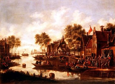 Una kermesse di villaggio con giocatori su un palco vicino a una locanda e uomini che bevono in barca da Thomas Heeremans