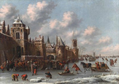 Paesaggio invernale con figure che pattinano e slittano su un fossato ghiacciato presso una città fortificata da Thomas Heeremans