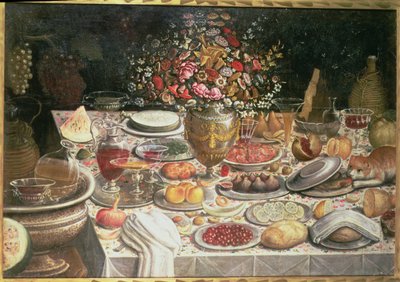 Natura morta con tavola carica di cibo, bevande e un vaso di fiori da Thomas Hiepes
