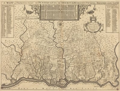 Mappa della parte migliorata della Pennsylvania in America, divisa in contee, comuni e lotti da Thomas Holme