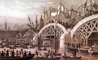 Nuovo ponte di Londra con la processione del sindaco che passa sotto gli archi incompiuti, inciso da Thomas Higham (1796-1844) pub. da Jones & Co. novembre 1828 da Thomas Hosmer (after) Shepherd
