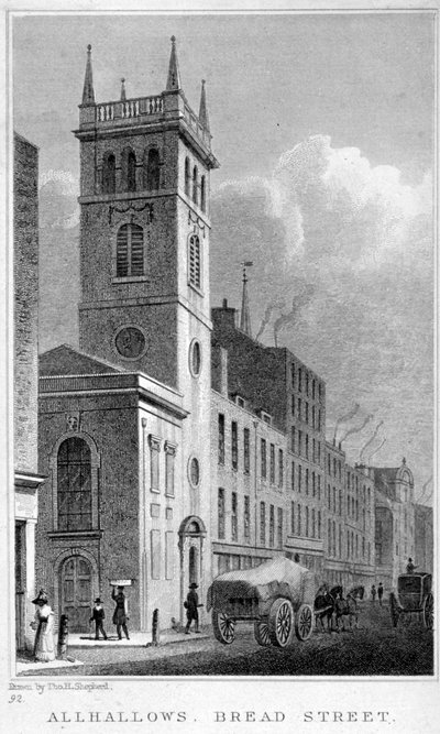 Chiesa di All Hallows, Bread Street, Londra, 1829 da Thomas Hosmer Shepherd
