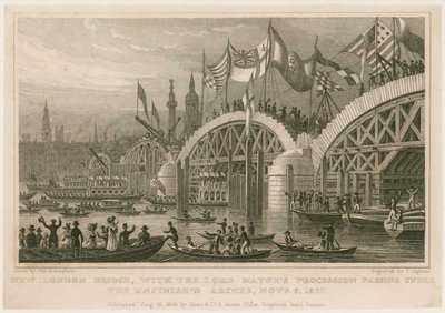 Costruzione del nuovo London Bridge, 9 novembre 1827 da Thomas Hosmer Shepherd