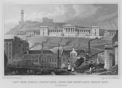 Nuova scuola superiore, Calton Hill, dal cimitero della chiesa di Canon-Gate, Edimburgo da Thomas Hosmer Shepherd
