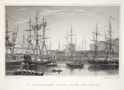St Katherine Docks, dal bacino, Torre, da Londra e i suoi dintorni nel diciannovesimo secolo pub. Jones e Co., 1827-1829 da Thomas Hosmer Shepherd