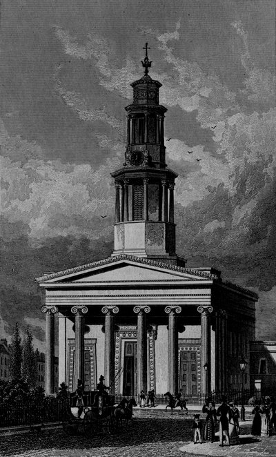 Chiesa di San Pancrazio, Facciata Ovest, inciso da James Tingle 1827 da Thomas Hosmer Shepherd