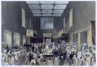 La Camera dei Lord, Sua Maestà apre la sessione del Parlamento, inciso da Henry Melville, c.1840 da Thomas Hosmer Shepherd