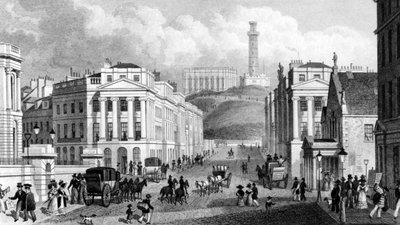 Waterloo Place, I Monumenti Nazionali e di Nelson e Calton Hill, Edimburgo, inciso da Thomas Barber, 1829 da Thomas Hosmer Shepherd