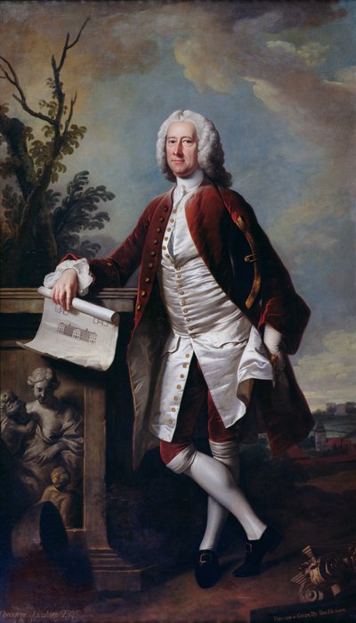 Ritratto di Theodore Jacobsen, architetto del Foundling Hospital, con un disegno del West Front, c.1742 da Thomas Hudson