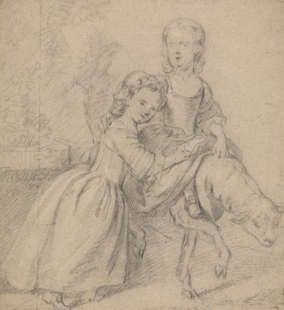 Due Ragazze in un Paesaggio, Una a Cavallo di un Agnello da Thomas Hudson