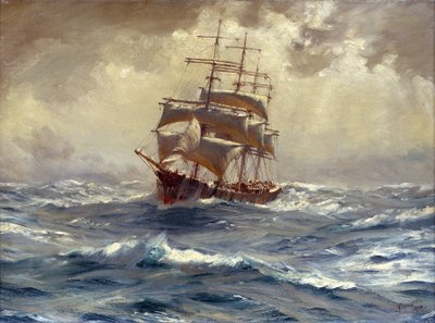 Una nave con 4 alberi in tempesta, questo tipo di barca era usato per il commercio di grano e nitrato dal Sud America, intorno a Capo Horn (Cile) da Thomas J. Somerscales