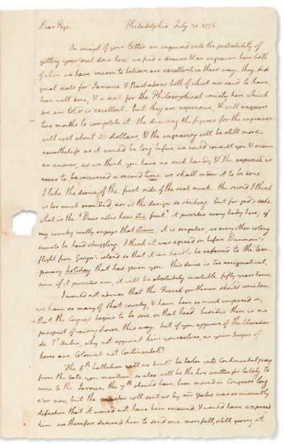 Lettera autografa a John Page, Filadelfia, 30 luglio 1776 da Thomas Jefferson