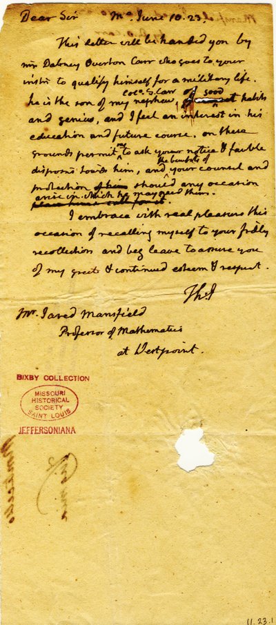 Lettera di Thomas Jefferson (solo iniziali), Monticello, a Jared Mansfield, professore di matematica a West Point, 10 giugno 1823 da Thomas Jefferson