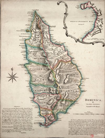 Mappa a colori di Dominica con osservazioni geografiche dettagliate, c.1760 da Thomas Jefferys