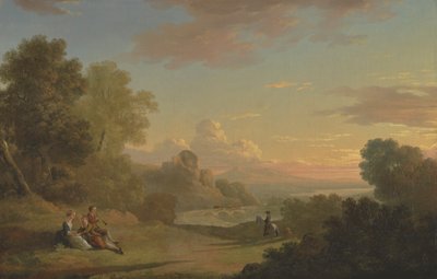 Paesaggio immaginario con un viaggiatore e figure che guardano la baia di Baia da Thomas Jones