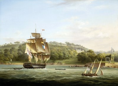 Una fregata reale e altre navi nella Barn Bay al largo di Plymouth, Inghilterra, di fronte al monte Edgcumbe, c. 1830-1855, di Thomas Lyde Hornbrook (1808-1855) da Thomas L. Hornbrook