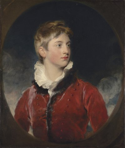 Ritratto di Frederick William Stewart, 4° Marchese di Londonderry, K.P., M.P. (1805-1872) da ragazzo, mezzo busto, in un cappotto rosso, in un ovale finto da Thomas Lawrence