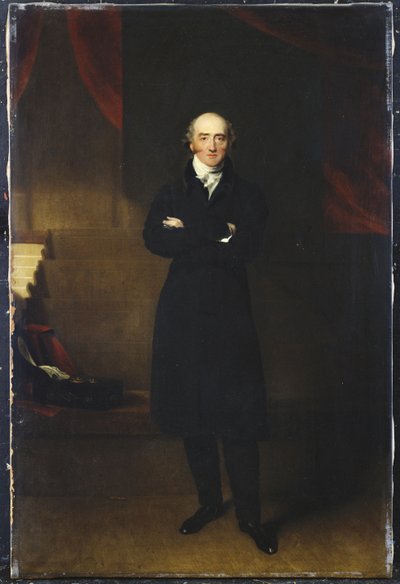 Ritratto di George Canning, a figura intera, in piedi con un cappotto nero in un interno, con le braccia incrociate da Thomas Lawrence